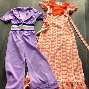 Vintage 70s Children’s Covered Wagon Novelty Print Dress and Purple Jumpsuit